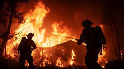 Obraz premium Firefighters combating fierce fires in a suburban neighborhood at night, detailed flames and smoke, dramatic low-angle view, hyper-realistic, dark tones, focused on destruction