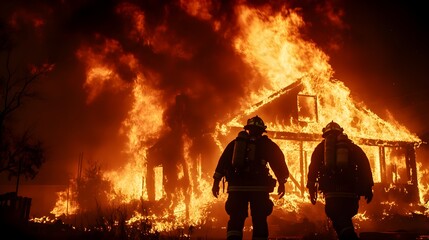 Fototapeta premium Firefighters combating fierce fires in a suburban neighborhood at night, detailed flames and smoke, dramatic low-angle view, hyper-realistic, dark tones, focused on destruction