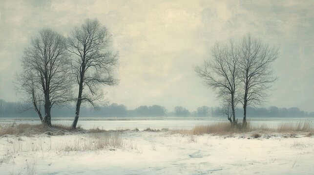 A winter landscape with bare trees and a grey sky, bleak and desolate, muted tones