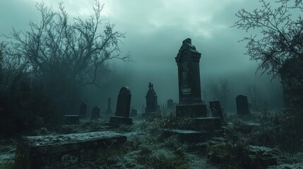 A haunting old cemetery with weathered tombstones, fog rolling in, and a dark sky