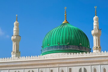 Obraz premium The Green dome of The Prophet's Mosque or Al Masjid Al Nabawi, a major site of pilgrimage that falls under the purview of the Custodian of the Two Holy Mosques , copy space , ai