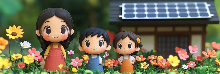 Fototapeta premium A family of three clay figurines stand in a garden, smiling and looking happy.