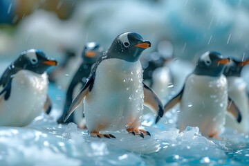 Fototapeta premium Penguins Jumping Off Ice Floe in High Resolution Photography