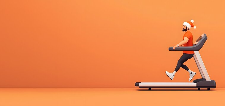 An animated elf jogs on a treadmill, wearing a Santa hat. The solid orange background creates a festive mood, emphasizing a lighthearted take on fitness. Christmas Fitness Concept