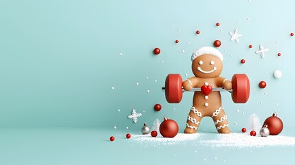 A joyful gingerbread man lifts a kettlebell, surrounded by festive decorations. The backdrop is solid. The atmosphere is cheerful and playful, celebrating holiday fitness. Christmas Fitness Concept