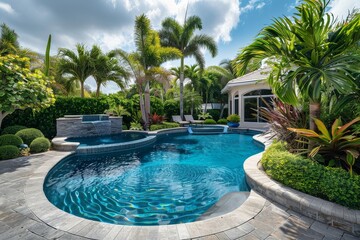 Obraz premium Beautiful Upscale Backyard Pool Surrounded by Palm Trees and Lush Greenery in Miami, Florida