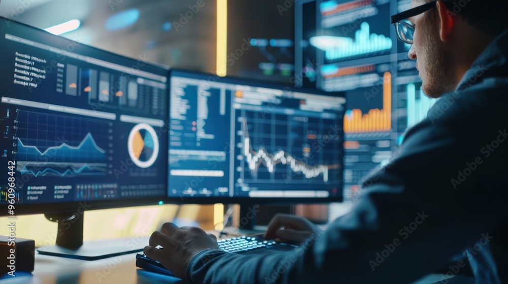 Poster man analyzing data on multiple screens