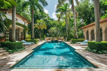 Beautiful Upscale Backyard Pool Surrounded by Palm Trees and Lush Greenery in Miami, Florida