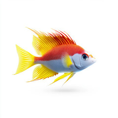 Fototapeta premium A vibrant, colorful tropical fish with striking yellow, red, and blue hues isolated on a white background, showcasing its vivid details.