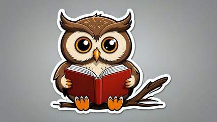 Cartoon owl reading a book on a branch.