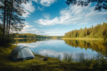 Peaceful lakeside camping setup with a tent, clear water reflecting sky and forest in a scenic outdoor environment

