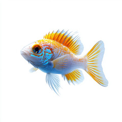 Fototapeta premium A striking, colorful fish displaying intricate patterns and vivid hues of blue, yellow, and orange, isolated on a white background.