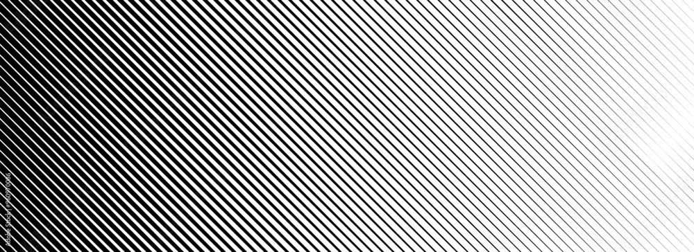 Poster Slant line halftone gradation texture. Fading diagonal stripe gradient background. Black oblique pattern backdrop. Vanishing thin parallel line wallpaper for overlay, print, cover. Vector