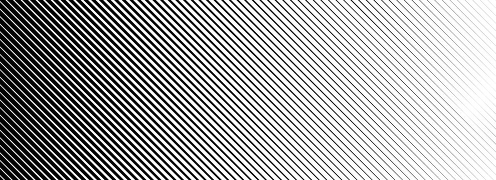 Slant line halftone gradation texture. Fading diagonal stripe gradient background. Black oblique pattern backdrop. Vanishing thin parallel line wallpaper for overlay, print, cover. Vector