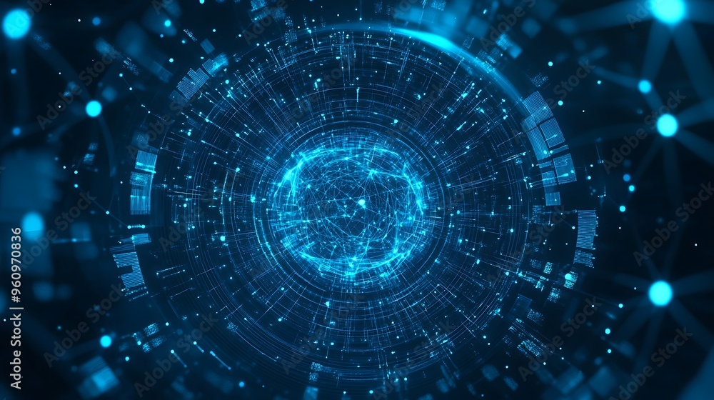 Poster Abstract Blue Digital Network Sphere with Glowing Lines and Dots