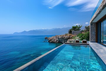 Obraz premium Luxurious Pool with Blue Water Overlooking the Sea in Kus Suoi, Egrousanou, Crete, Greece
