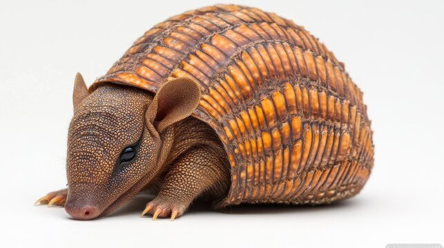Adorable Baby Armadillo Rolling Up on White Background with Gentle Lighting, Close-up Shot