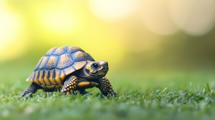 Obraz premium Adorable Baby Tortoise Crawling on Light Green Background with Soft Lighting Close-up
