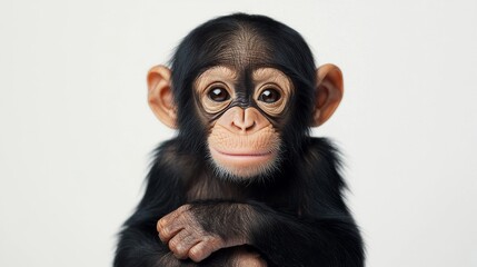 Naklejka premium Adorable Baby Chimpanzee Sitting in Soft Lighting on White Background - Close-Up Shot of Cute Young Ape
