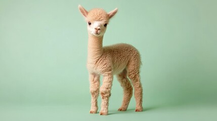 Fototapeta premium Adorable Baby Alpaca Standing on Isolated Pastel Green Background with Soft Shadows