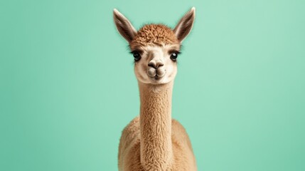 Obraz premium Adorable Baby Alpaca Standing on Isolated Pastel Green Background with Soft Shadows