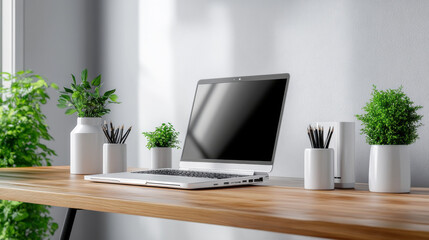 Fototapeta premium A clean and modern workspace featuring a laptop, potted plants, and stationery on a wooden desk, creating a productive environment.