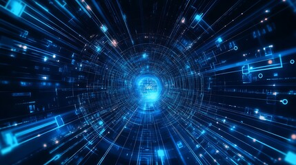 Fototapeta premium Abstract Digital Tunnel with Glowing Blue Lines and Geometric Shapes