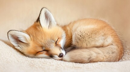 Adorable Baby Fox Curled Up in Soft Lighting on Beige Background - Close-up Shot of Cute Wild Animal