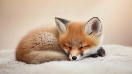 Obraz premium Sleeping Baby Fox in Soft Lighting on Beige Background - Close-up Shot of Adorable Curled-Up Young Fox