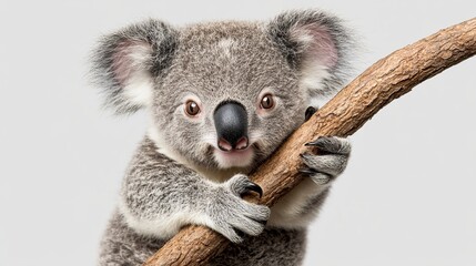 Obraz premium Adorable Baby Koala Clinging to Branch on Light Gray Background with Soft Shadows Isolated in Cute Wildlife Scene
