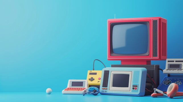 A collection of retro gaming consoles, including handheld devices, placed beside a vintage red television on a blue backdrop. The setup is a throwback to the golden age of gaming, ideal for themes