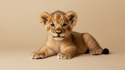 Adorable Baby Lion Cub Resting in Warm Lighting on Beige Background, Isolated Cutie Snuggling
