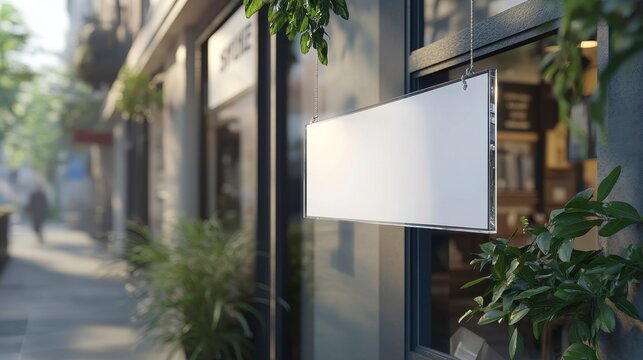 Blank rectangular store signage design mockup isolated, acrylic badge clear shop template suspended on the wall outside, signboard for logo presentation of boutique