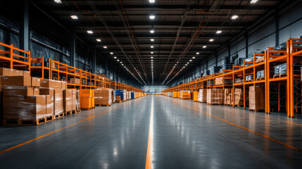 Fototapeta premium Spacious, empty warehouse interior featuring metal shelving, bright lighting, and a reflective floor, ideal for storage and logistics.