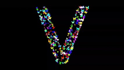 Beautiful illustration of English alphabet V with colorful butterflies on plain black background