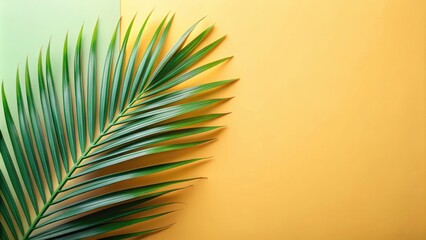 Summer concept with copy space featuring a green tropical palm leaf on a pastel background in a creative flat layer