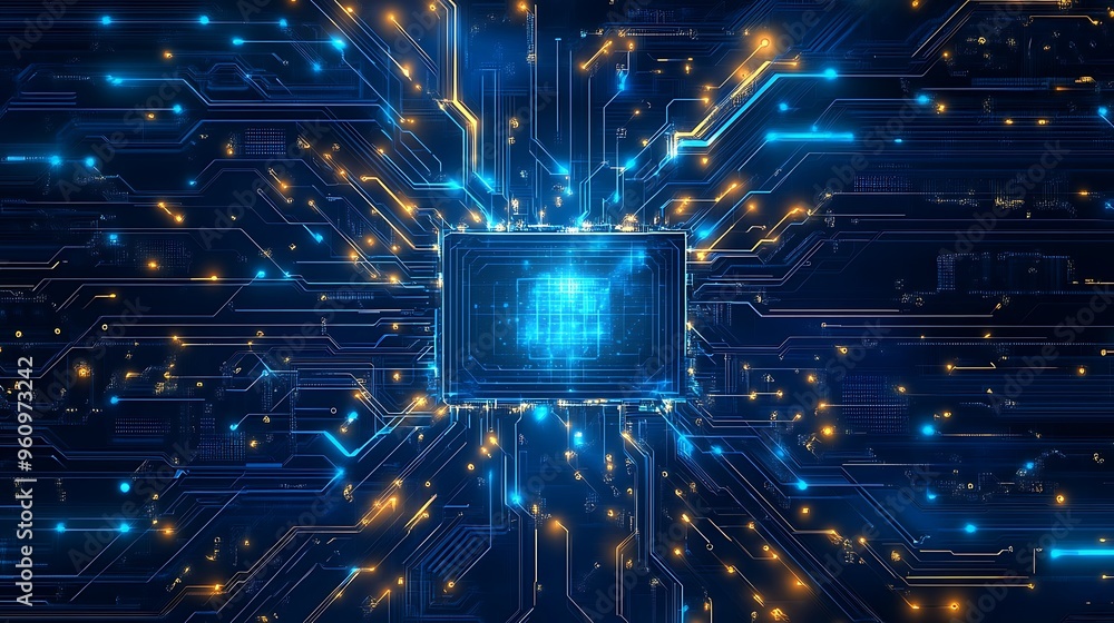 Poster Illuminated Circuit Board with a Glowing Central Processor
