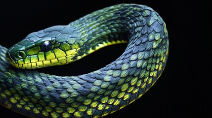 Obraz premium A vibrant green snake showcasing intricate scales and a majestic pose against a dark background.