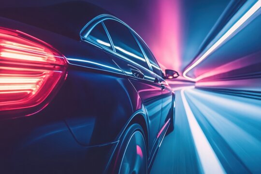 Speeding car in neon-lit futuristic tunnel