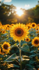 Obraz premium A vibrant sunflower stands tall in a field, basking in the warm glow of the sunset, symbolizing beauty and positivity.