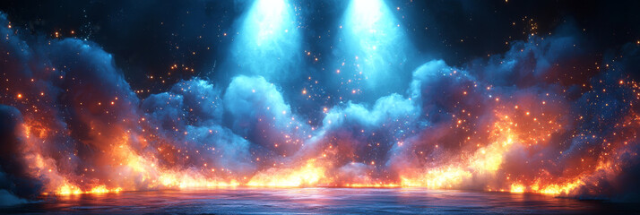 Obraz premium A fiery, abstract background with blue spotlights and a dark, dramatic mood.