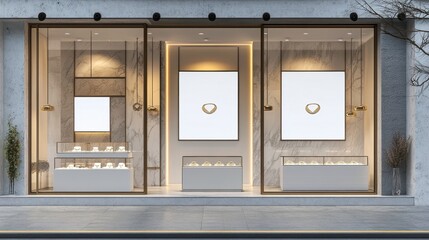 Blank pentagon store signage design mockup isolated, acrylic badge clear shop template prominently displayed on the wall outside, signboard for logo presentation of a jewelry store