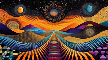 a psychedelic trip  colorful textured design with a road toward abstract spiritual awakening 