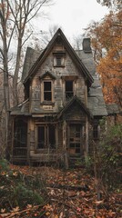A weathered wooden house with broken windows and a dilapidated porch stands amidst a backdrop of bare trees and fallen leaves in an overgrown yard.