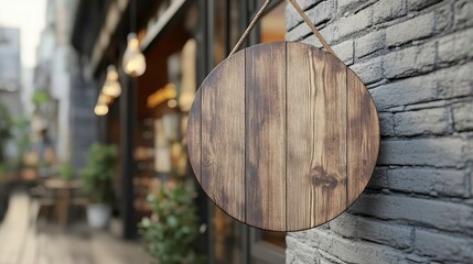 Blank circular store signage design mockup isolated, rustic wood badge clear shop template hanging on the wall outside, signboard for logo presentation of a vintage store