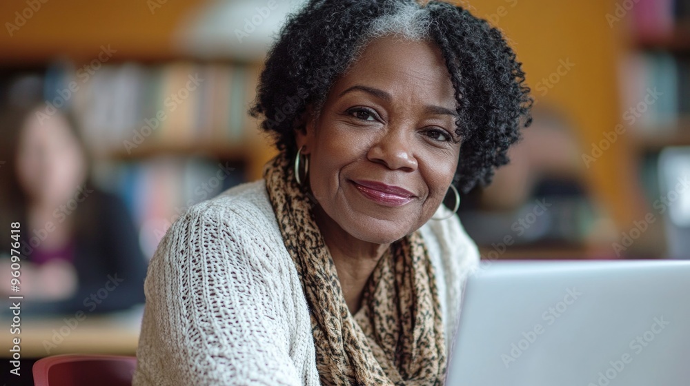 Wall mural Sincere African-American woman with glasses, in a library or educational setting