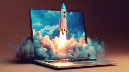 Fototapeta premium Imaginative scene of a rocket launching from a laptop, symbolizing innovation and technology in the digital age.