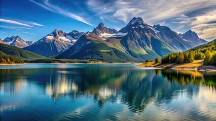 Beautiful mountain range with a large body of water in the foreground isolated on background, scenic, landscape