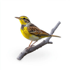 Fototapeta premium A vibrant yellow bird with detailed plumage perches on a branch against a clean white background, ideal for nature themes.