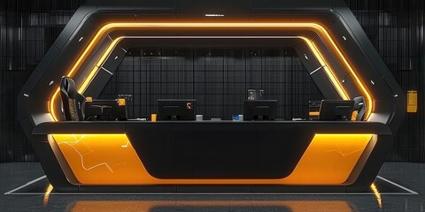 Fototapeta premium Modern reception desk with sleek design and vibrant orange lighting, ideal for contemporary office environments.